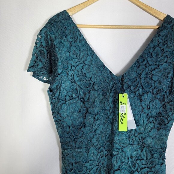 NWT Sam Edelman Women's Dark Green Asymmetrical Lace Short Sleeve Dress Size 12 - Picture 3 of 16
